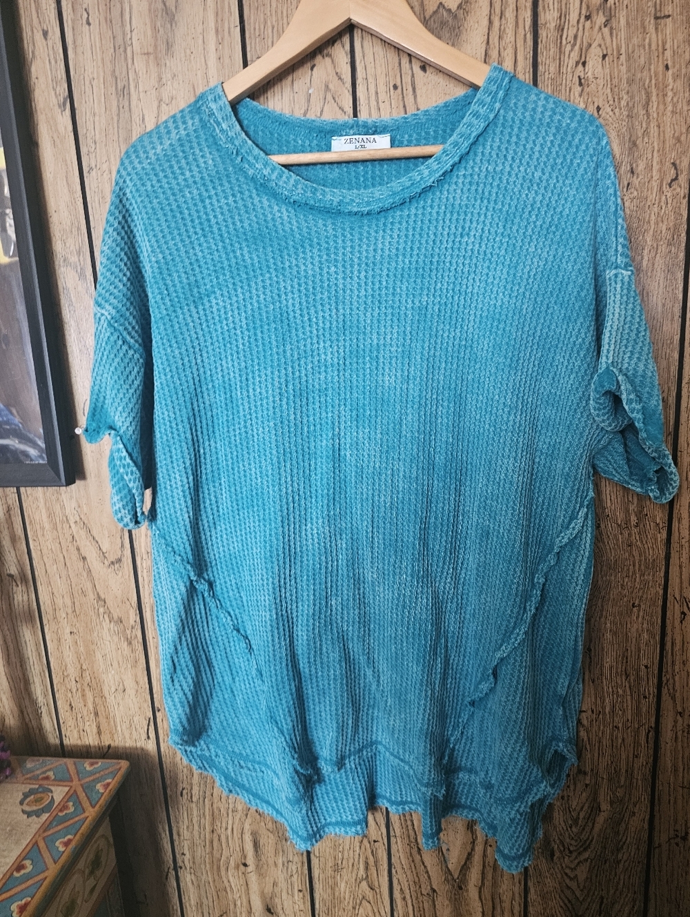 ZENANA Teal Waffle Knit Exposed Seam Oversized Boho Short Sleeve Top - L / XL - Picture 2 of 7